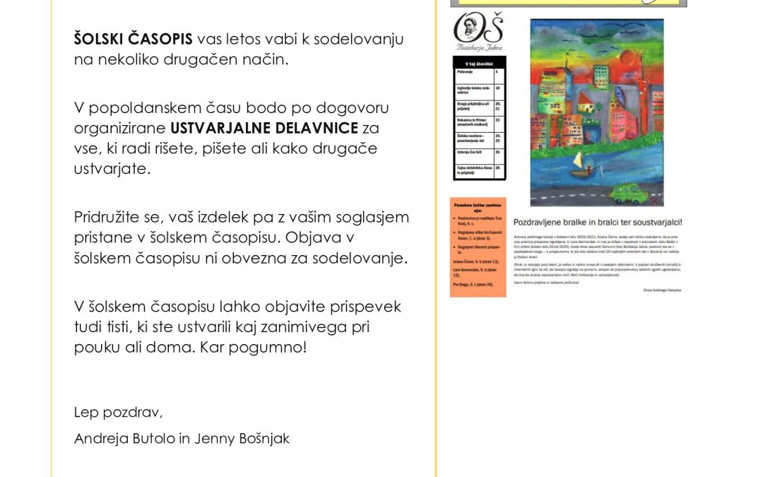 USTVARJALNE DELAVNICE – šolski časopis